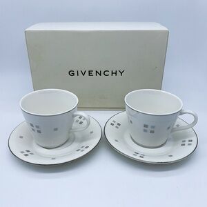 Givenchy Coffee Cup and Saucer Set - Silver Rim Logo Check, Set of 2